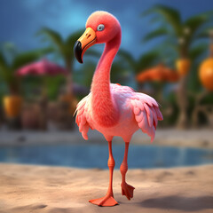 3D Cute Flamingo on Beach, Ai Generated