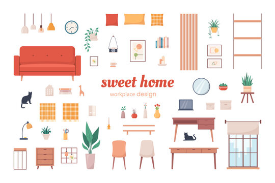 Cozy home interior design objects set. Workplace interior. Vector illustration in flat style