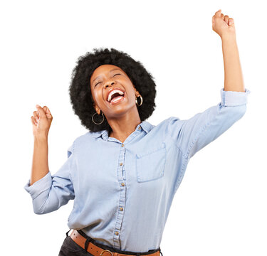 Happy black woman, dance and success for freedom, celebrate party and winning bonus lottery while isolated on a transparent png background. Excited model, celebration and dancing for competition deal