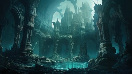 Coral City Ruins, Illustrate the remains of an ancient city submerged beneath the ocean game art