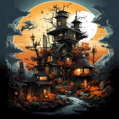 A futuristic and sci-fi inspired halloween haunted house t-shirt design featuring a haunted house in a distant alien landscape, Generative Ai