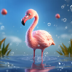 3D Pink Flamingo Standing into Water, Ai Generated