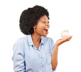 Excited, surprise and cupcake in hands of a woman eating sweet food isolated on transparent, png...