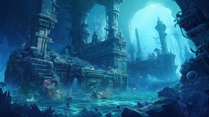 Fototapeta na wymiar Coral City Ruins, Illustrate the remains of an ancient city submerged beneath the ocean game art