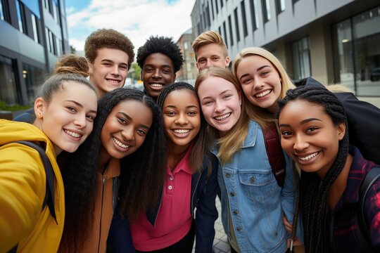 Portrait of a group of high school students looking at camera after school