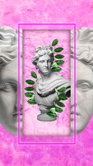 Contemporary art collage. Antique greek statue against laurel branches over watercolor pink background.