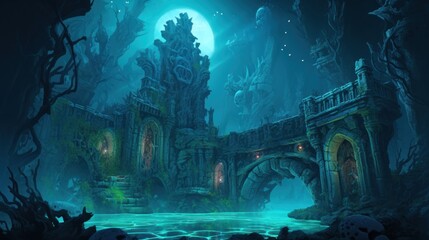 Coral City Ruins, Illustrate the remains of an ancient city submerged beneath the ocean game art