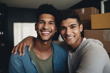 Fototapeta premium Gay male couple moving into their new home apartment
