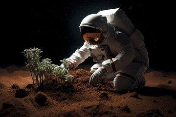 Astronaut with plant on planet Mars surface. 