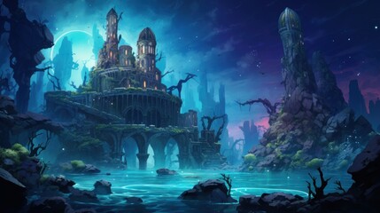Obraz premium Coral City Ruins, Illustrate the remains of an ancient city submerged beneath the ocean game art