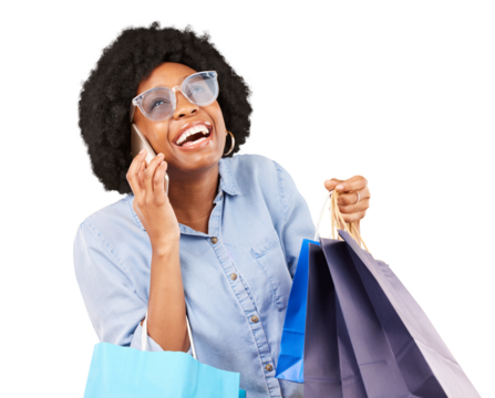 Woman, phone call and shopping bag for fashion sale, discount or funny communication in sunglasses. Excited african person or customer for gift and mobile chat isolated not transparent png background