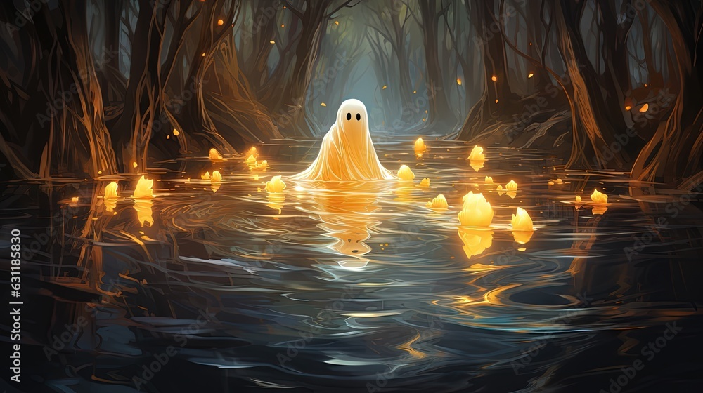 Poster a painting of a ghost floating in the water surrounded by floating candles. generative ai