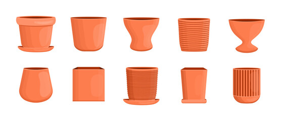 A large set of pots for flowers, plants, vases. Interior and garden items. Vector stock illustration. isolated. Cartoon. White background