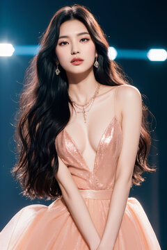 Portrait of beautiful Korean women with long black waves hair, sparkling black gown with deep v-neckline, diamond necklace. Spotlight lighting.