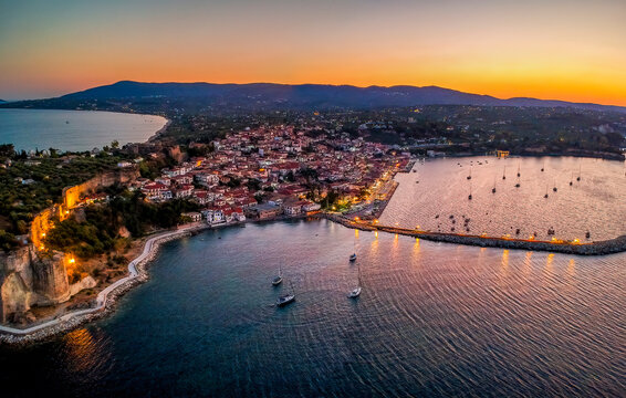 Aerial view over Koroni seaside city at sunset. Koroni, Messenia, Greece