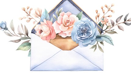  a watercolor painting of an envelope with flowers on it.  generative ai