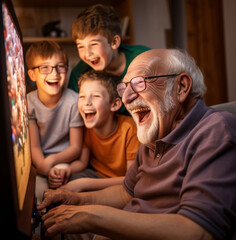 A close-up of the mans face as he smiles and laughs while playing a video game with his grandchildren, modern aging stock images, photorealistic illustration