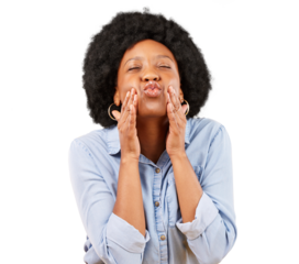 Happy, black woman and blow kiss while isolated on a transparent png background for love, romance or flirting. Face of young female model with kissing facial expression, funny emoji or valentines day