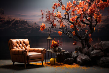 In the background of autumn, there is a large brown leather armchair with Generative AI