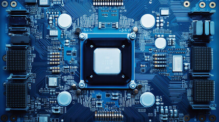 blue and white integrated microchip motherboard
