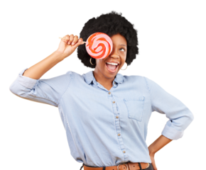 Candy, excited and black woman with lollipop isolated on a transparent png background. Sweets, happy and African person with sugar snack, hungry for dessert and smile for eating confectionery food