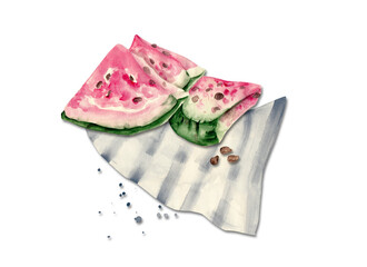 Pieces of ripe watermelon on a cloth napkin. Isolated watercolor illustration for your design