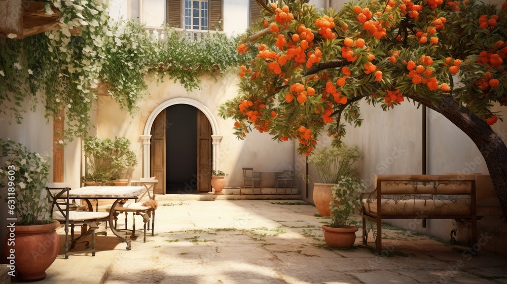Poster an orange tree in a courtyard with a bench and table. generative ai