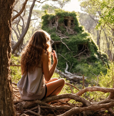 Young woman taking pictures in the forest, wanderlust travel stock images, travel stock photos wanderlust