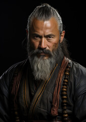Obraz premium A Portrait of a Ancient Martial Artist Against a Black Background