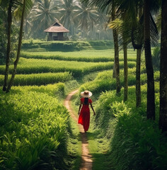 The woman crossing a pathway into a tropical farm in bali's rice fields, wanderlust travel stock images, travel stock photos wanderlust