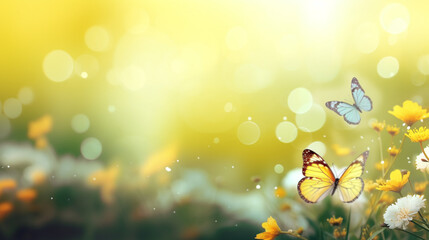 butterflies fly over flowers at sunset. Generative Ai. 