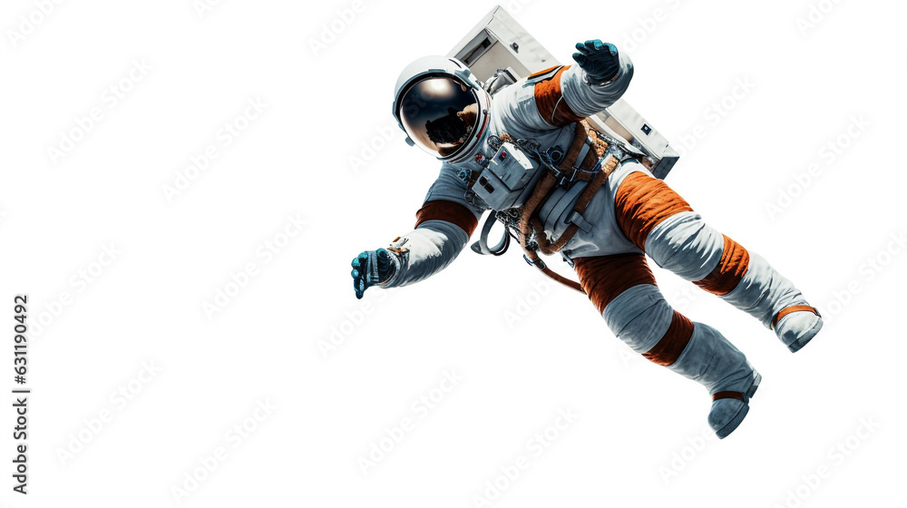 Wall mural astronaut floats in zero gravity on a white background. generative ai.
