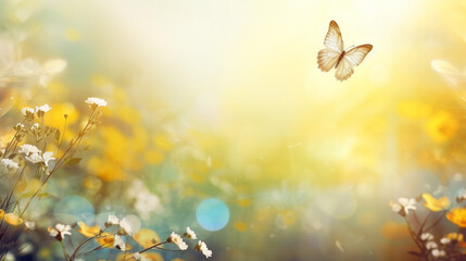 Obraz na płótnie Canvas spring field in sunshine with butterflies. Generative Ai. 