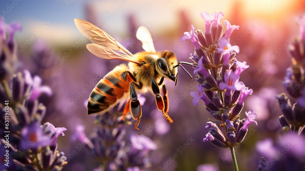 Poster  a bee flying over a purple flower in a field of flowers.  generative ai