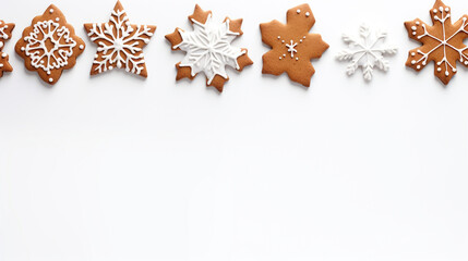 Christmas background with gingerbread and cookies isolated on white with empty space to insert. Generative Ai. 