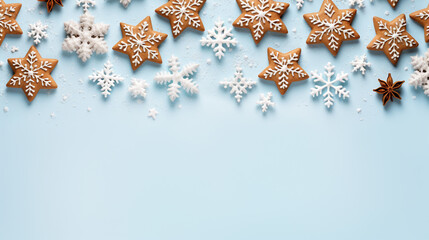 christmas gingerbread and cookies with snowflakes on light blue background. Generative Ai. 