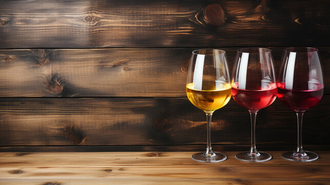 three glasses with wine on a wooden brown background close-up. Generative Ai. 