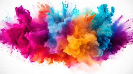 Fototapeta na wymiar spectacular explosion with puffs of colored smoke, blue, orange, purple on a white background. Generative Ai. 