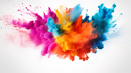 bright colorful paint explosion. orange, blue, magenta on white background. Generative Ai. 