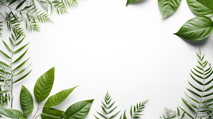tropical leaves frame on white background and top view. Generative Ai. 