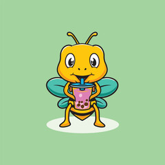 Cute bee drinking boba cartoon illustration