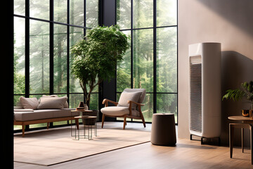 a large indoor air purifier in a modern office setting