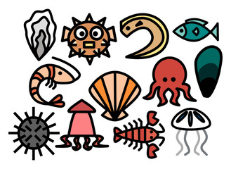 set of marine animals flat