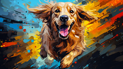 Fototapety  Golden retriever dog running illustration vector in abstract mixed grunge colors digital painting in minimal graphic art style. Very cute small dog. Digital illustration generative AI.