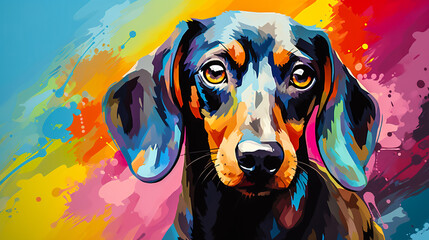 Image of Dachshund dog face vector illustration in abstract mixed grunge colors digital painting in minimal graphic art style. Digital illustration generative AI.	 printed on Printed Glass Splashbacks