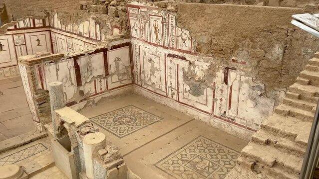 Terrace houses in Ephesus Ancient City. Interior decoration and fresco details. Izmir, Turkey