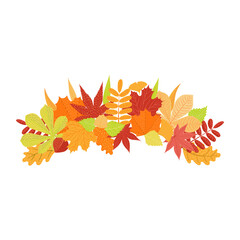 Colorful autumn leaves bouquet, wreath hand drawn illustration. Cartoon style flat design, isolated vector. Kids fall print, seasonal decorative element, plants, foliage, nature