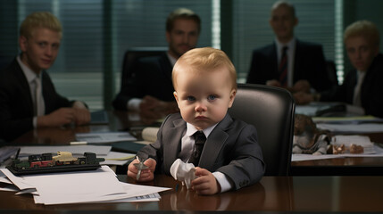 One baby takes on the role of the "boss," wearing a playfully oversized suit jacket and sitting behind a toy desk. 