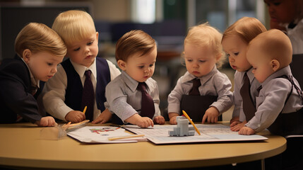 Fototapeta na wymiar The picture captures a group of adorable babies gathered around a tiny conference table, each holding a toy notepad and pen, engaged in a pretend team meeting.