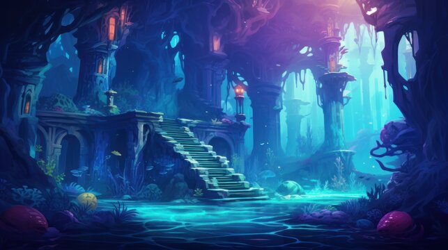 Illustrate an underwater city built within a vibrant coral reef, home to merfolk and other aquatic beings game art